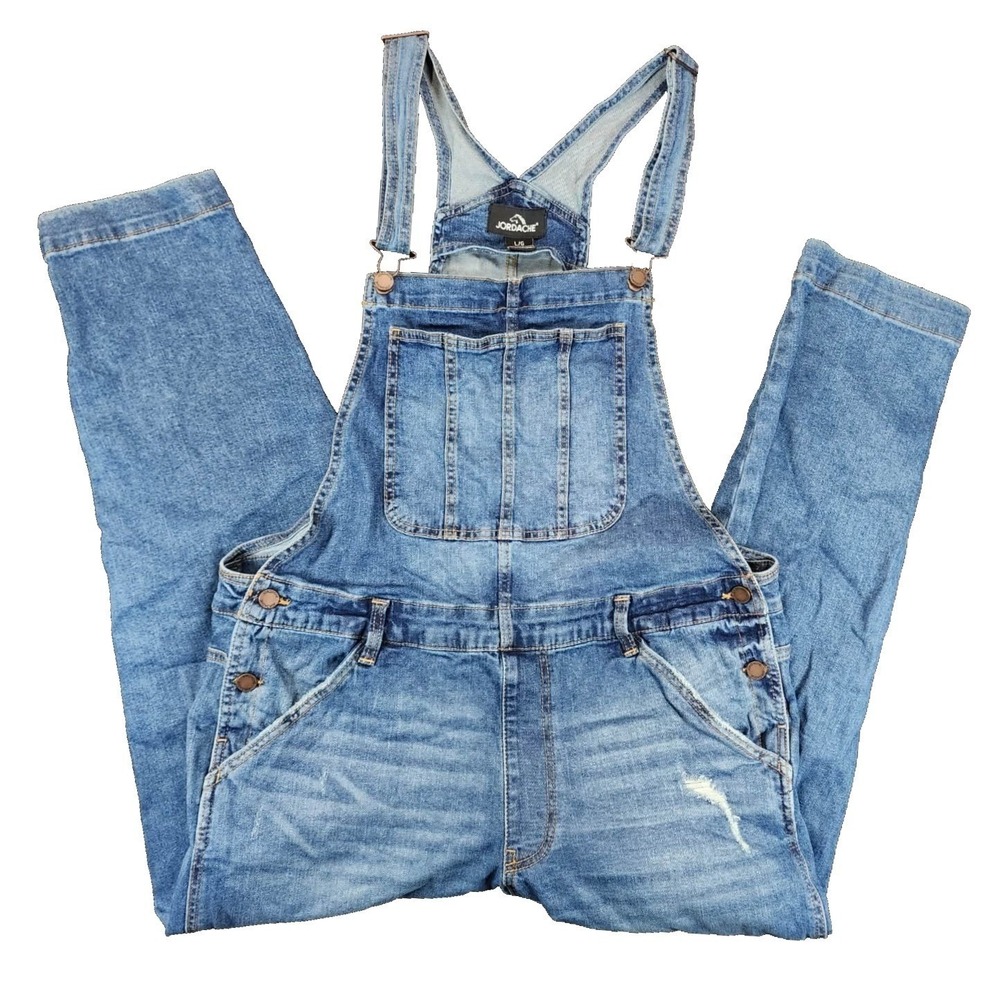 Jordache Denim Overalls Womens L Blue Medium Wash Distressed Bib Pocket Stretch‎
